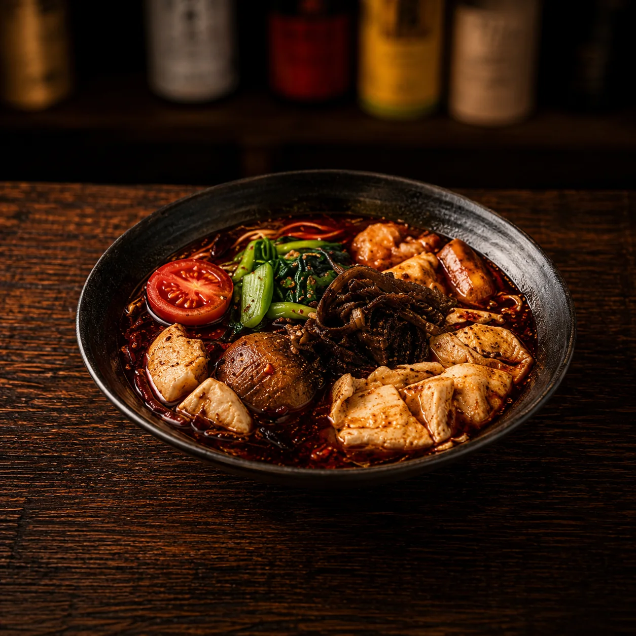 豆腐や青菜が入った麻辣担々麺