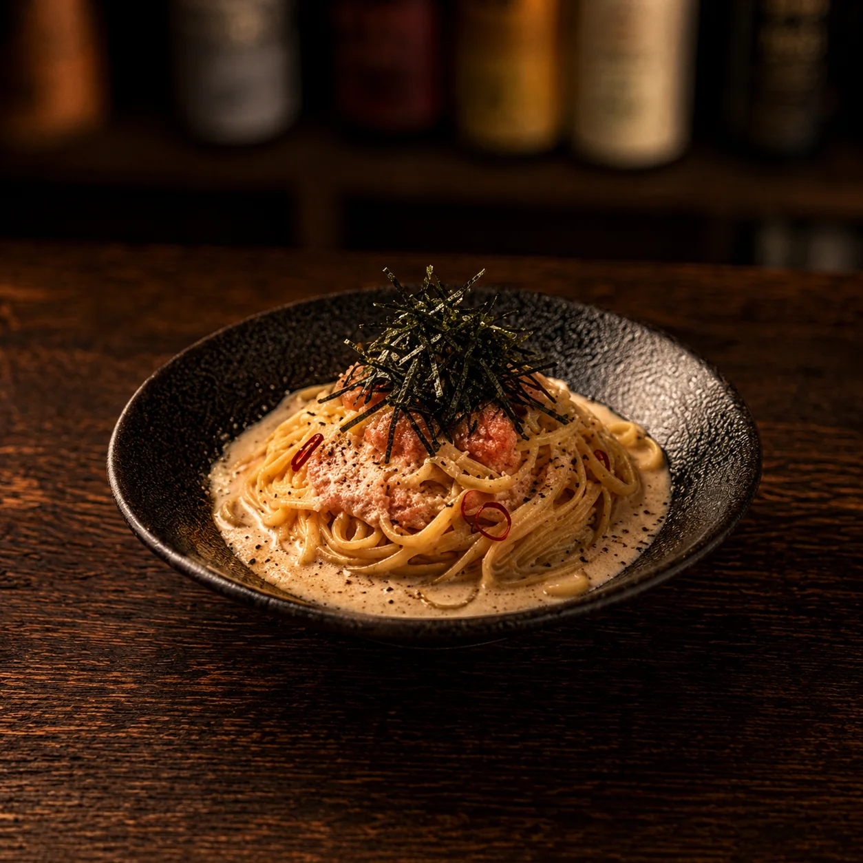海苔を添えた濃厚明太子クリームパスタ